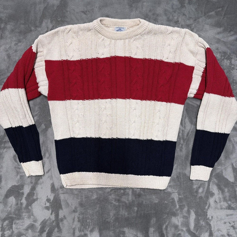 Vtg Cambridge Classics Sweater Mens L Cream Red Navy Colorblock Cable Knit USA